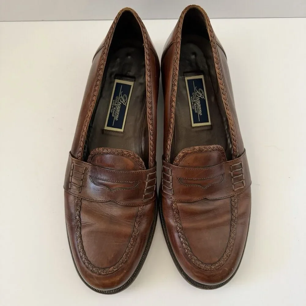 Bragano by Cole Haan Mens 11 M Brown Leather Penny Loafers Italy Braided
